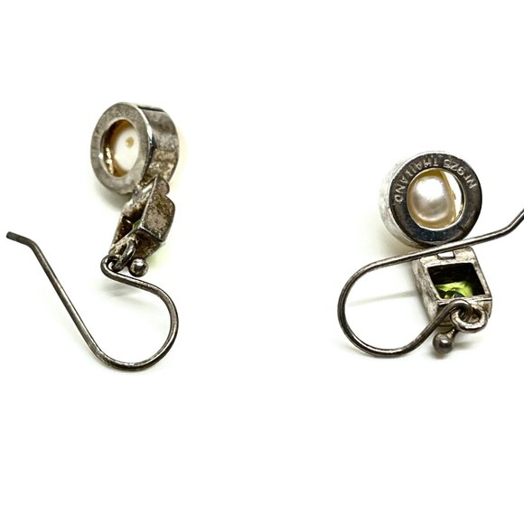 VINTAGE STERLING 925 PEARL GREEN STONES EARRINGS SIGNED NF THAILAND MODERNIST - Picture 11 of 12